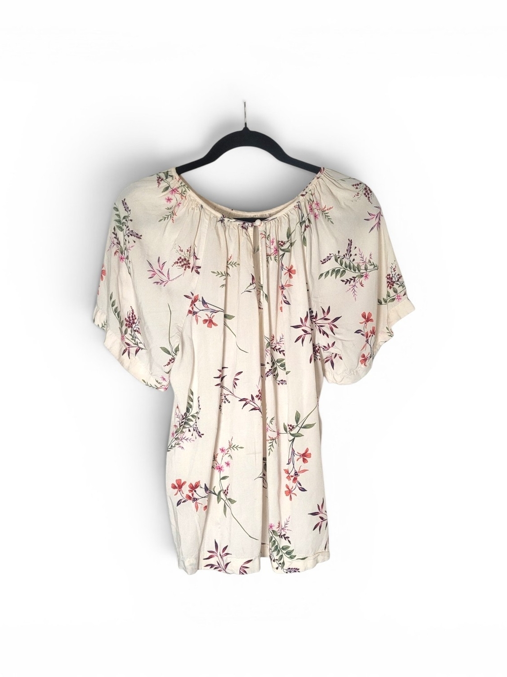 Old Navy Cream Floral Peasant Blouse with Pink & Green Accents